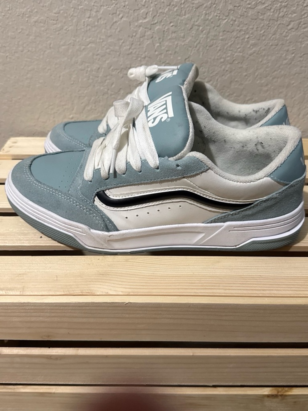 Vans Low-Top Skate Shoes in Light Blue and White with Black Accent